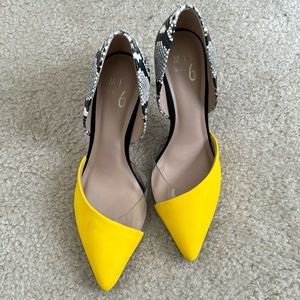 Mix No. 6 yellow suede python stiletto pumps